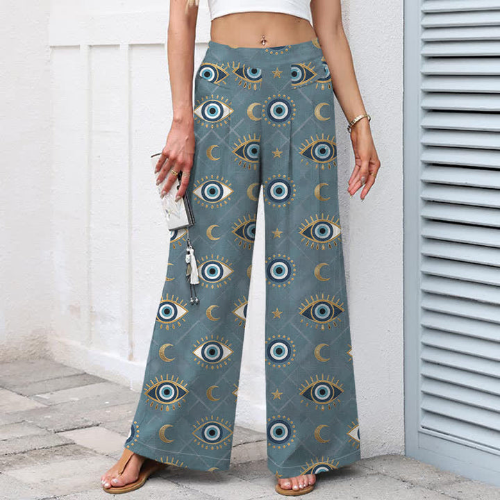 Buddha Stones Pantalon large en coton et lin à motif œil maléfique et lune pour femme, avec taille élastique et poches - image 7