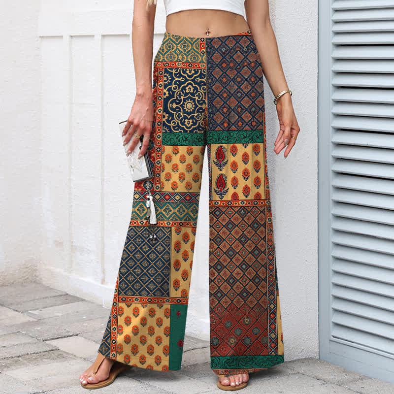 Buddha Stones Pantalon large pour femme en coton et lin à motif floral vintage, taille élastique et poches - image 1