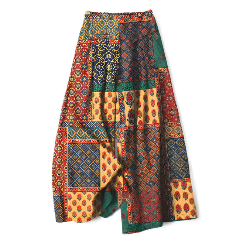 Buddha Stones Pantalon large pour femme en coton et lin à motif floral vintage, taille élastique et poches - Terre de sienne - US16，UK/AU20，EU48 (3XL) - image 0