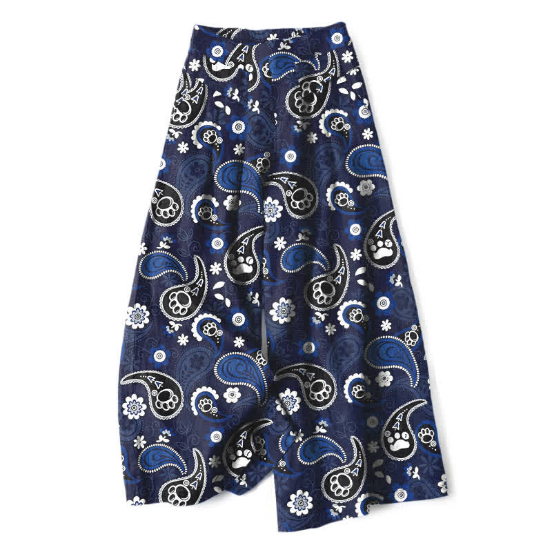 Buddha Stones Pantalon large pour femme en coton et lin à motif floral cachemire vintage, taille élastique et poches - Marine - US16，UK/AU20，EU48 (3XL) - image 0
