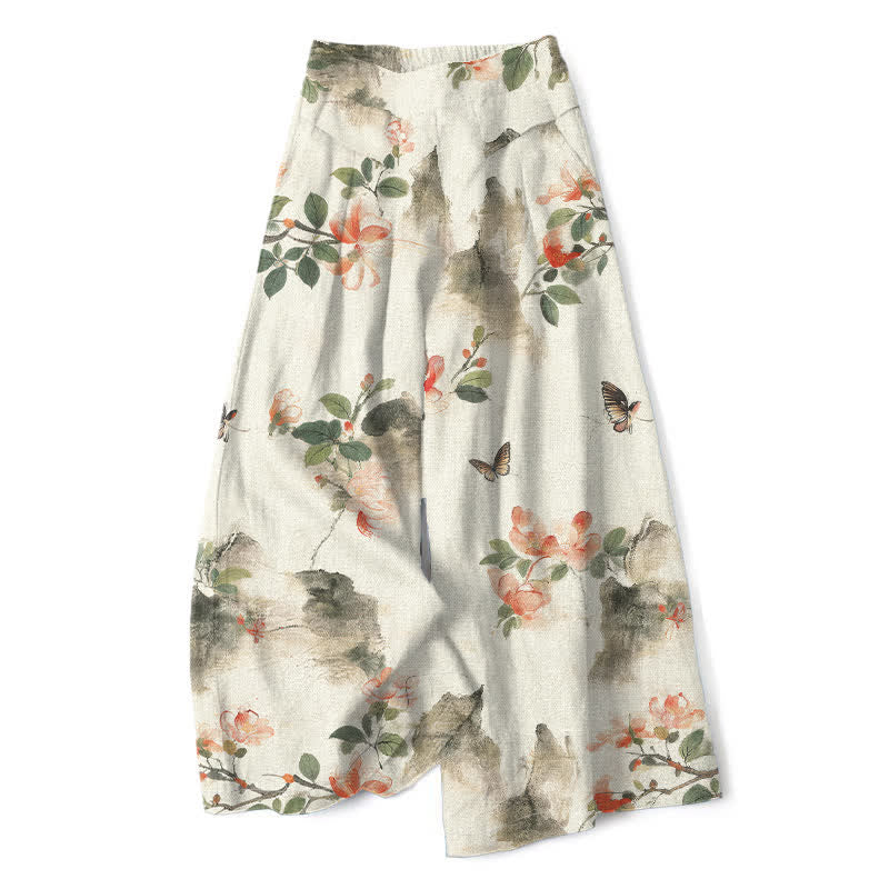 Buddha Stones Pantalon large à taille élastique et poches pour femme, en coton et lin, motif floral vintage - Ivoire - US16，UK/AU20，EU48 (3XL) - image 0