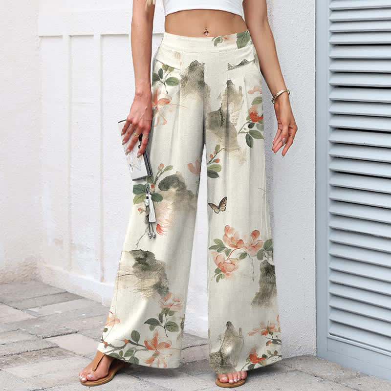 Buddha Stones Pantalon large à taille élastique et poches pour femme, en coton et lin, motif floral vintage - image 1