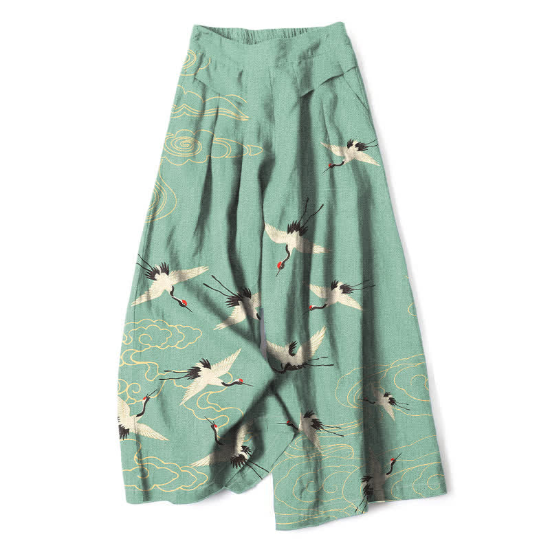 Buddha Stones Pantalon large en coton et lin à motif vintage grues et nuages ​​pour femme, taille élastique et poches - Aigue-marine moyenne - US16，UK/AU20，EU48 (3XL) - image 0