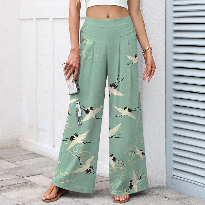 Buddha Stones Pantalon large en coton et lin à motif vintage grues et nuages ​​pour femme, taille élastique et poches - image 1