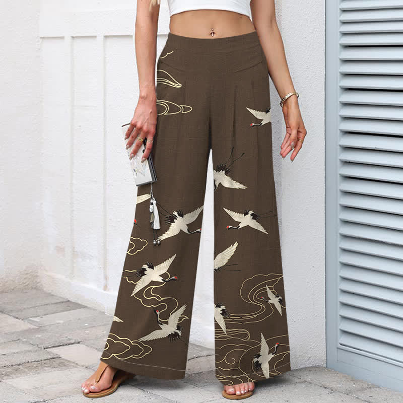 Buddha Stones Pantalon large en coton et lin à motif vintage grues et nuages ​​pour femme, taille élastique et poches - image 5