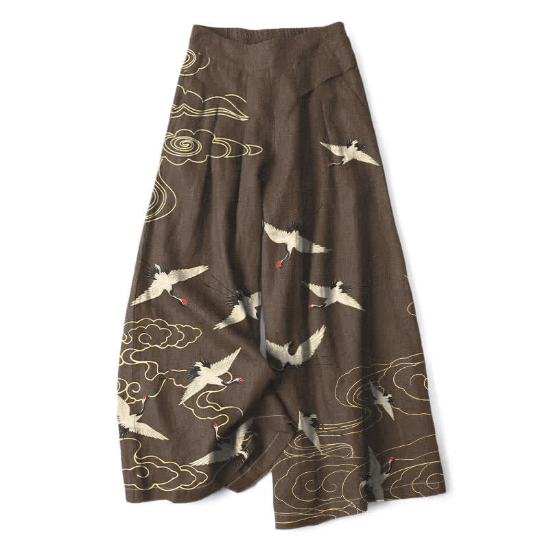 Buddha Stones Pantalon large en coton et lin à motif vintage grues et nuages ​​pour femme, taille élastique et poches - SaddleBrown - US16，UK/AU20，EU48 (3XL) - image 4