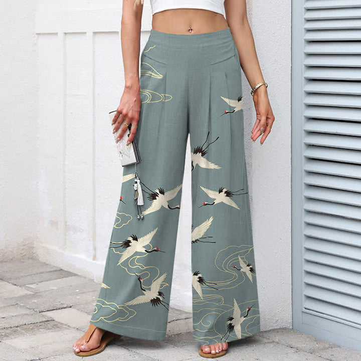 Buddha Stones Pantalon large en coton et lin à motif vintage grues et nuages ​​pour femme, taille élastique et poches - image 7