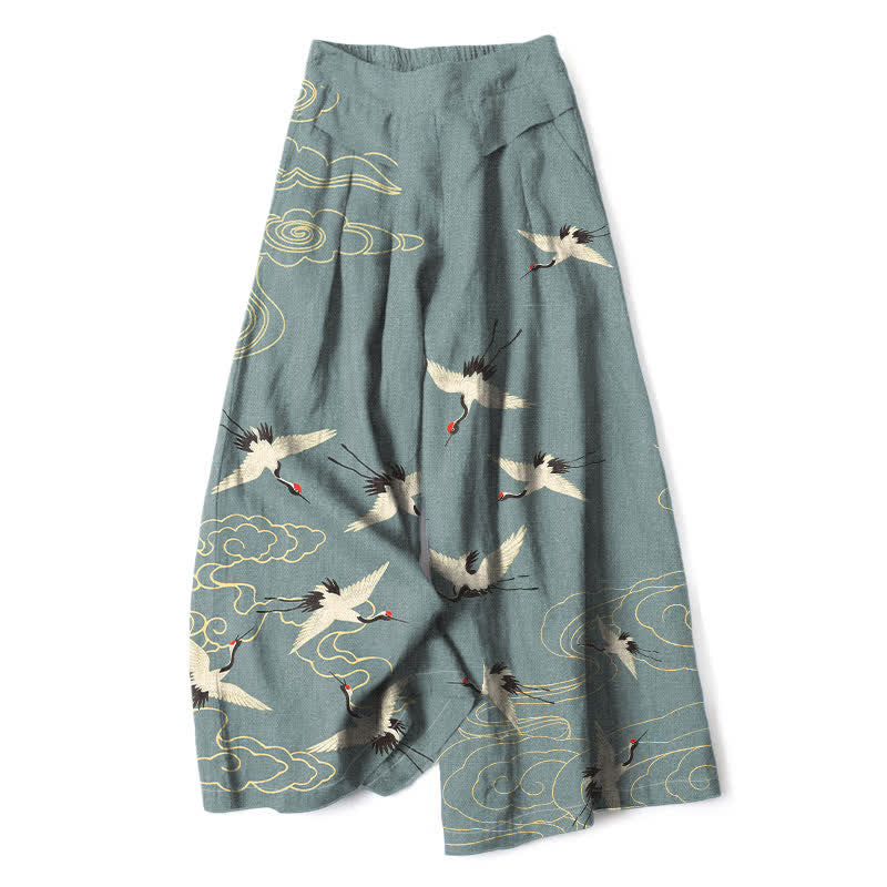 Buddha Stones Pantalon large en coton et lin à motif vintage grues et nuages ​​pour femme, taille élastique et poches - Gris ardoise - US16，UK/AU20，EU48 (3XL) - image 6