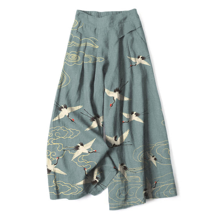 Buddha Stones Pantalon large en coton et lin à motif vintage grues et nuages ​​pour femme, taille élastique et poches - Gris ardoise - US16，UK/AU20，EU48 (3XL) - image 6