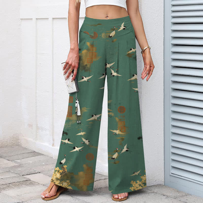 Buddha Stones Pantalon large à taille élastique et poches pour femme, en coton et lin blanc, motif floral de grues - image 1