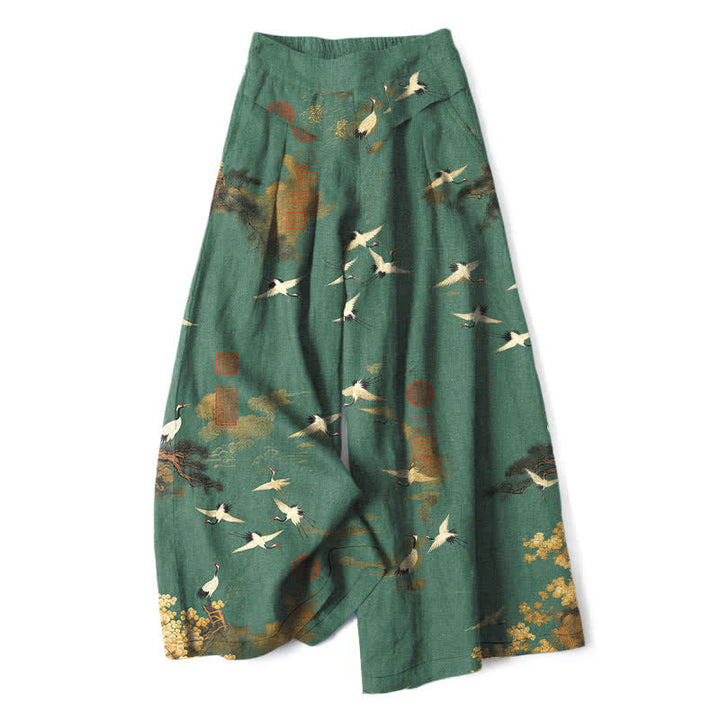 Buddha Stones Pantalon large à taille élastique et poches pour femme, en coton et lin blanc, motif floral de grues - Vert d'eau - US16，UK/AU20，EU48 (3XL) - image 0