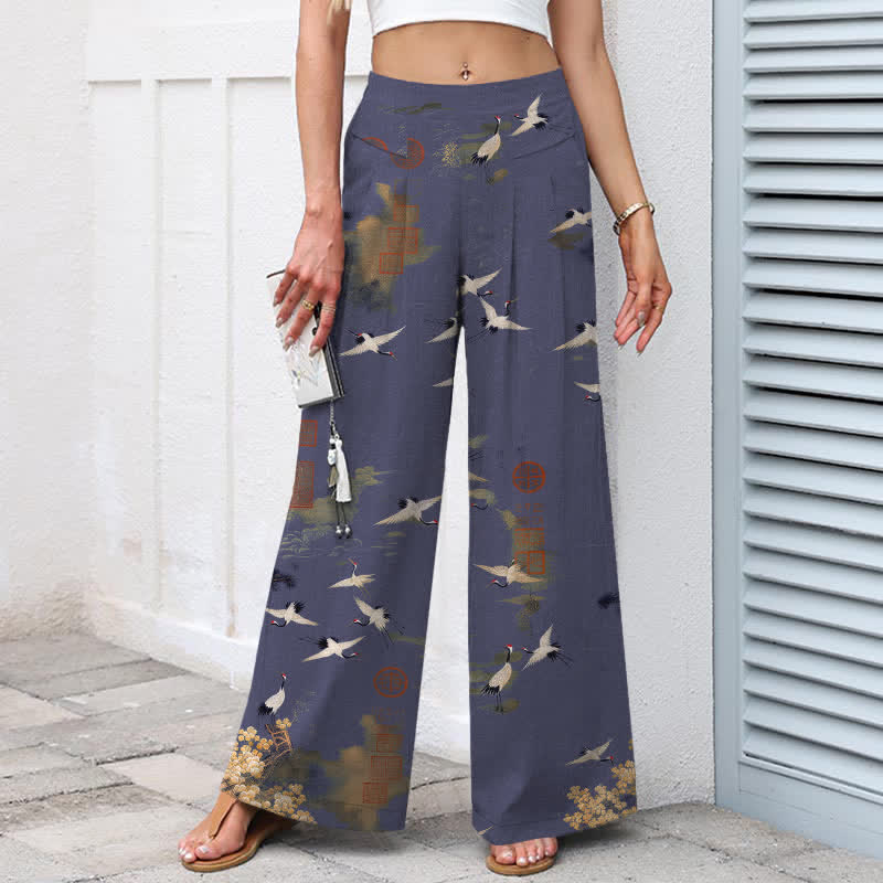 Buddha Stones Pantalon large à taille élastique et poches pour femme, en coton et lin blanc, motif floral de grues - image 5
