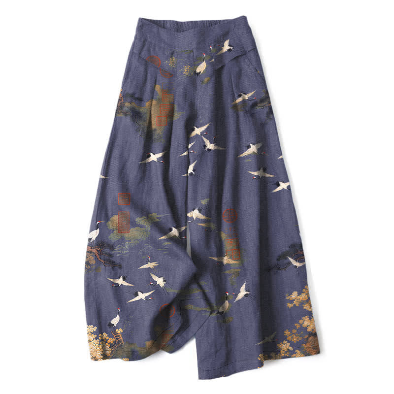 Buddha Stones Pantalon large à taille élastique et poches pour femme, en coton et lin blanc, motif floral de grues - Violet moyen - US16，UK/AU20，EU48 (3XL) - image 4