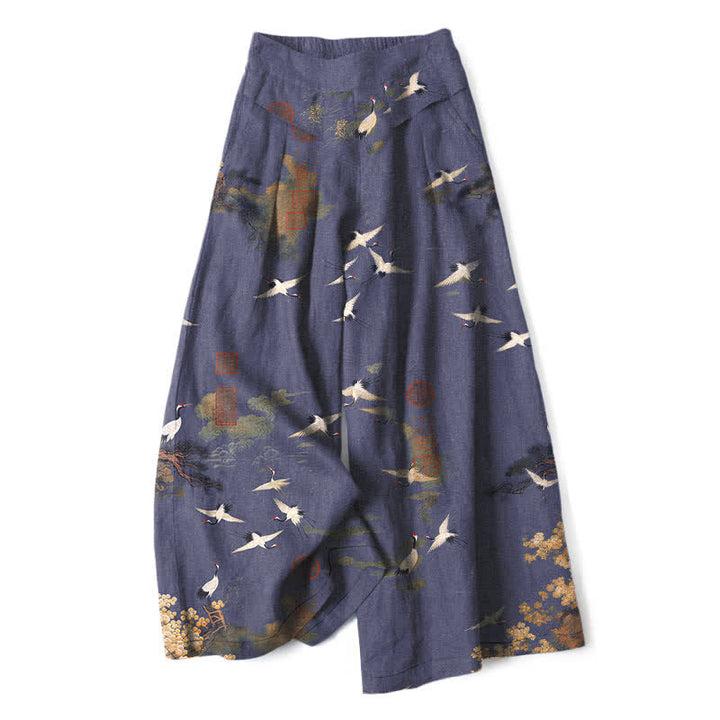 Buddha Stones Pantalon large à taille élastique et poches pour femme, en coton et lin blanc, motif floral de grues - Violet moyen - US16，UK/AU20，EU48 (3XL) - image 4