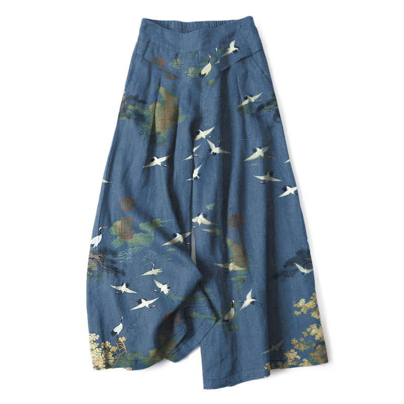 Buddha Stones Pantalon large à taille élastique et poches pour femme, en coton et lin blanc, motif floral de grues - SteelBlue - US16，UK/AU20，EU48 (3XL) - image 6