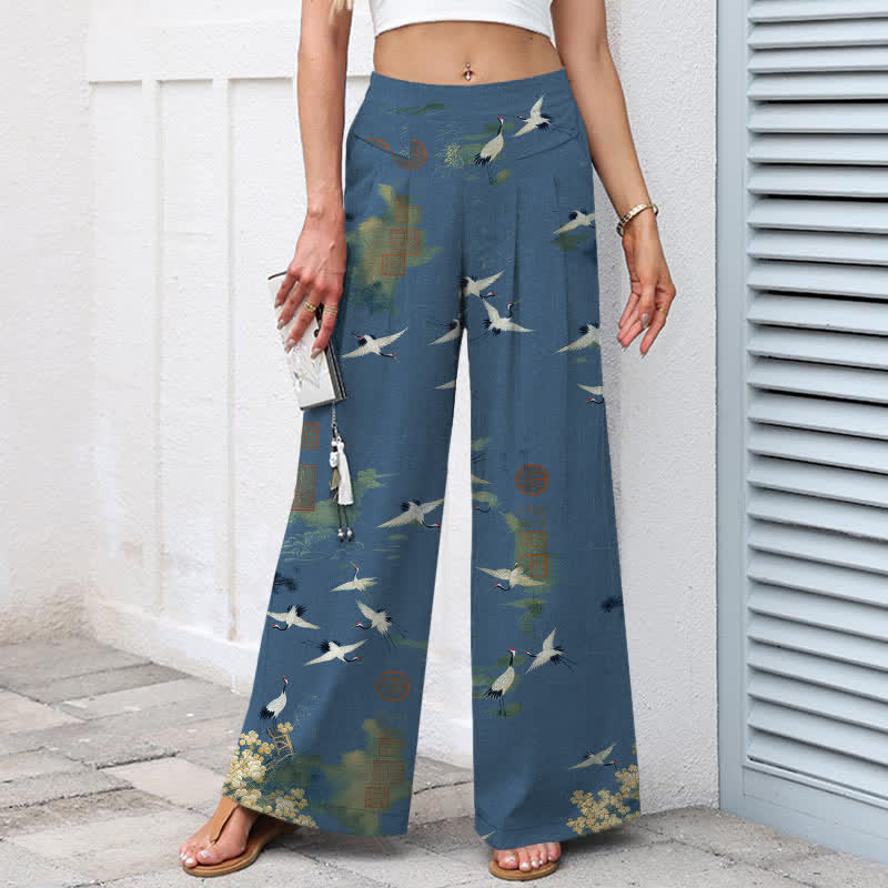 Buddha Stones Pantalon large à taille élastique et poches pour femme, en coton et lin blanc, motif floral de grues - image 7
