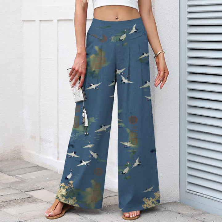 Buddha Stones Pantalon large à taille élastique et poches pour femme, en coton et lin blanc, motif floral de grues - image 7