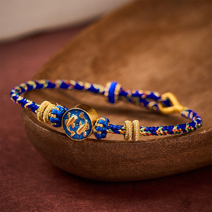 Buddha Stones Bracelet en corde tressée à la main avec double motif de carpes koï dorées, résistant et solide - image 3