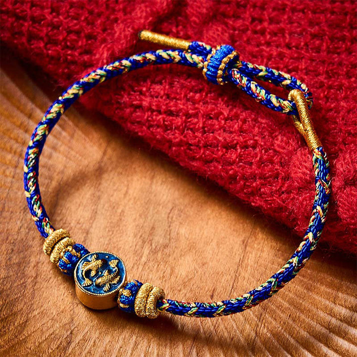 Buddha Stones Bracelet en corde tressée à la main avec double motif de carpes koï dorées, résistant et solide - image 1