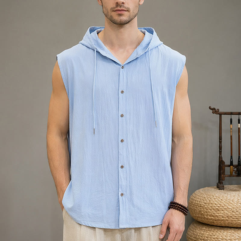 Buddha Stones Débardeur d'été minimaliste à boutons et cordon de serrage, couleur unie, pour homme. - Bleu clair - US/UK/AU46, EU56 (3XL) - image 0