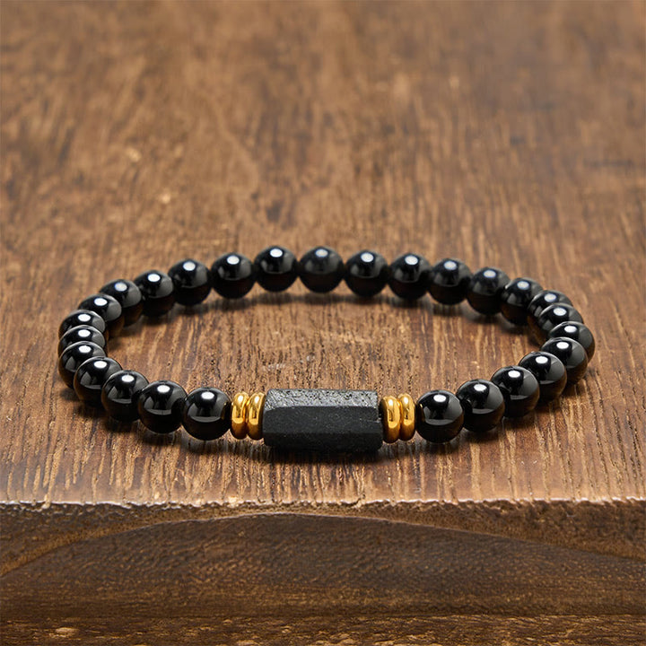 Buddha Stones Bracelet minimaliste de protection en obsidienne noire et tourmaline noire, perles rondes. - Obsidienne noire et tourmaline noire (forme allongée brute · taille variable) - 6 mm (Tour de poignet : 14-15 cm) - image 0