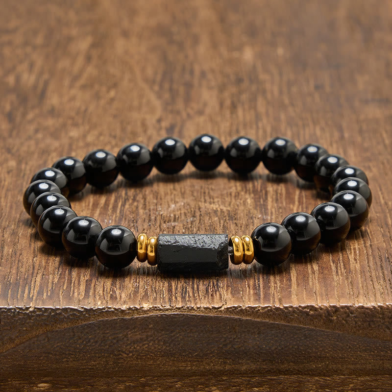 Buddha Stones Bracelet minimaliste de protection en obsidienne noire et tourmaline noire, perles rondes. - Obsidienne noire et tourmaline noire (forme allongée brute · taille variable) - 8 mm (Tour de poignet : 15-16 cm) - image 8