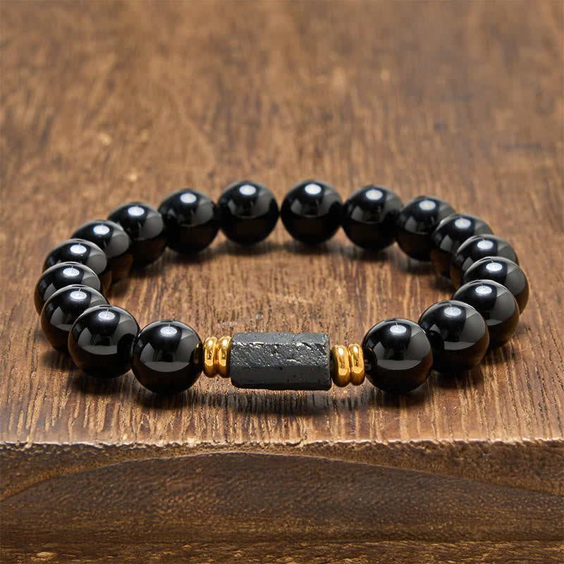 Buddha Stones Bracelet minimaliste de protection en obsidienne noire et tourmaline noire, perles rondes. - Obsidienne noire et tourmaline noire (forme allongée brute · taille variable) - 10 mm (Tour de poignet : 16-17 cm) - image 14