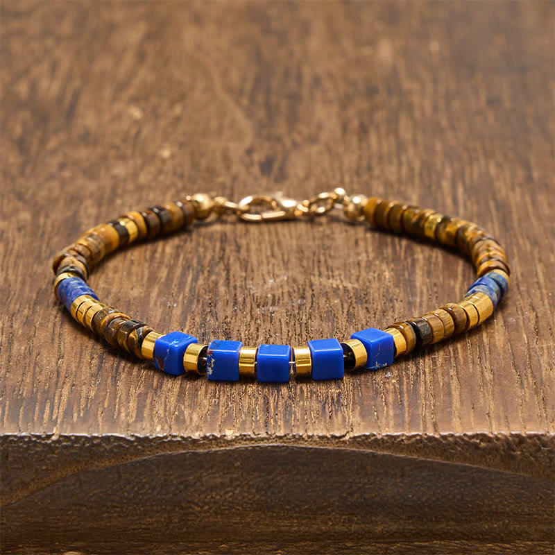 Buddha Stones Bracelet de sagesse carré en perles de lapis-lazuli et œil de tigre - Lapis-lazuli et œil de tigre (Tour de poignet : 18-20 cm) - image 0