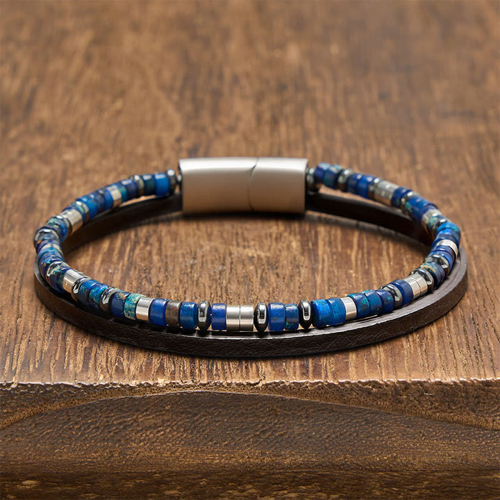 Buddha Stones Bracelet en cuir double tour Lapis Lazuli Truth - Lapis-lazuli cylindrique (Tour de poignet : 19-20 cm) - image 0
