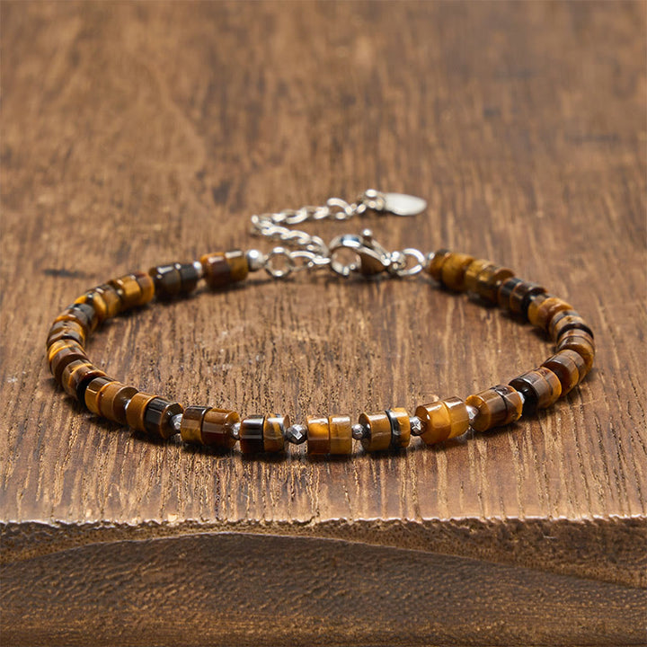 Buddha Stones Bracelet à perles plates apaisantes en améthyste, œil de tigre, quartz rose, jaspe bleu tacheté et obsidienne noire - Œil de tigre (Tour de poignet : 16-18 cm) - image 5