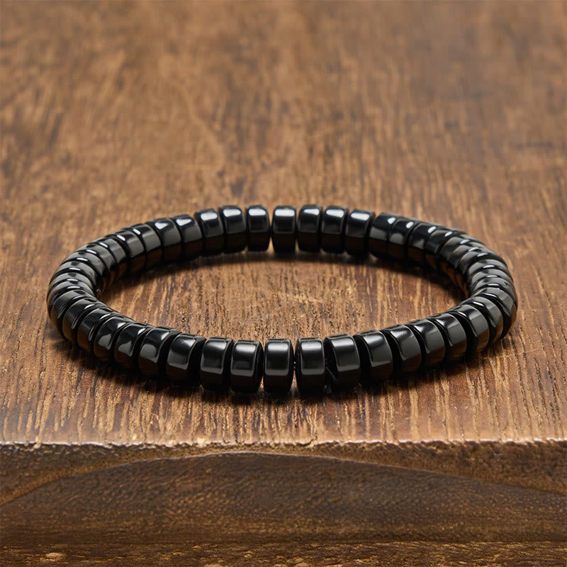 Buddha Stones Bracelet de force en obsidienne noire naturelle à facettes et à perles droites - Obsidienne noire (Tour de poignet : 15-16 cm) - image 0