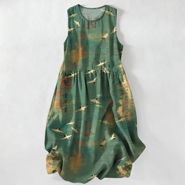 Buddha Stones Robe midi d'été décontractée pour femme, sans manches, avec poches, ornée d'un motif calligraphique oriental de grues en vol. - Vert d'eau - US16，UK/AU20，EU48 (3XL) - image 0