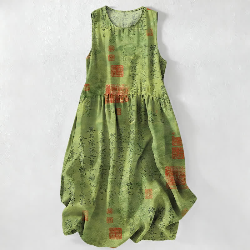 Buddha Stones Robe midi d'été décontractée pour femme, sans manches, avec poches, ornée d'un motif de sceau calligraphique chinois. - Vert olive - US16，UK/AU20，EU48 (3XL) - image 0
