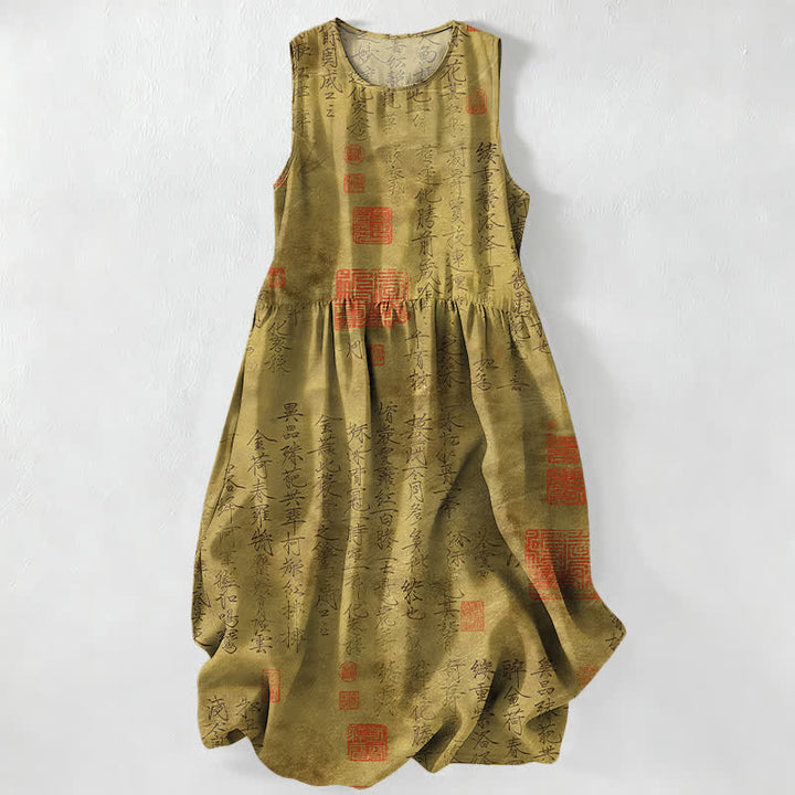 Buddha Stones Robe midi d'été décontractée pour femme, sans manches, avec poches, ornée d'un motif de sceau calligraphique chinois. - Kaki foncé - US16，UK/AU20，EU48 (3XL) - image 5