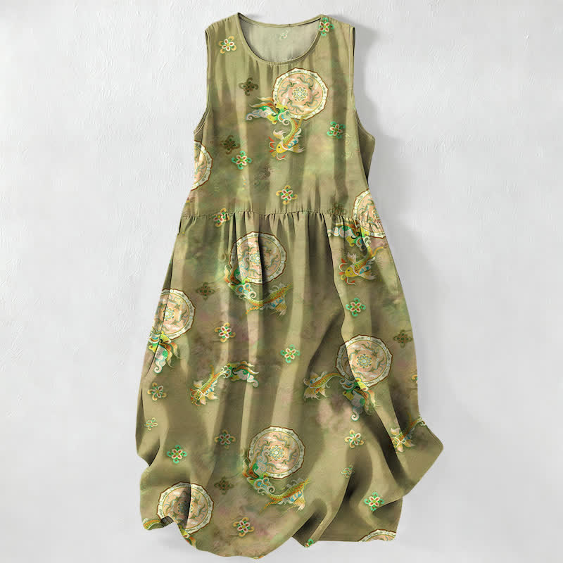 Buddha Stones Robe midi d'été décontractée et vintage à motif floral vintage avec médaillons et feuilles, sans manches et avec poches. - Olive - US16，UK/AU20，EU48 (3XL) - image 0