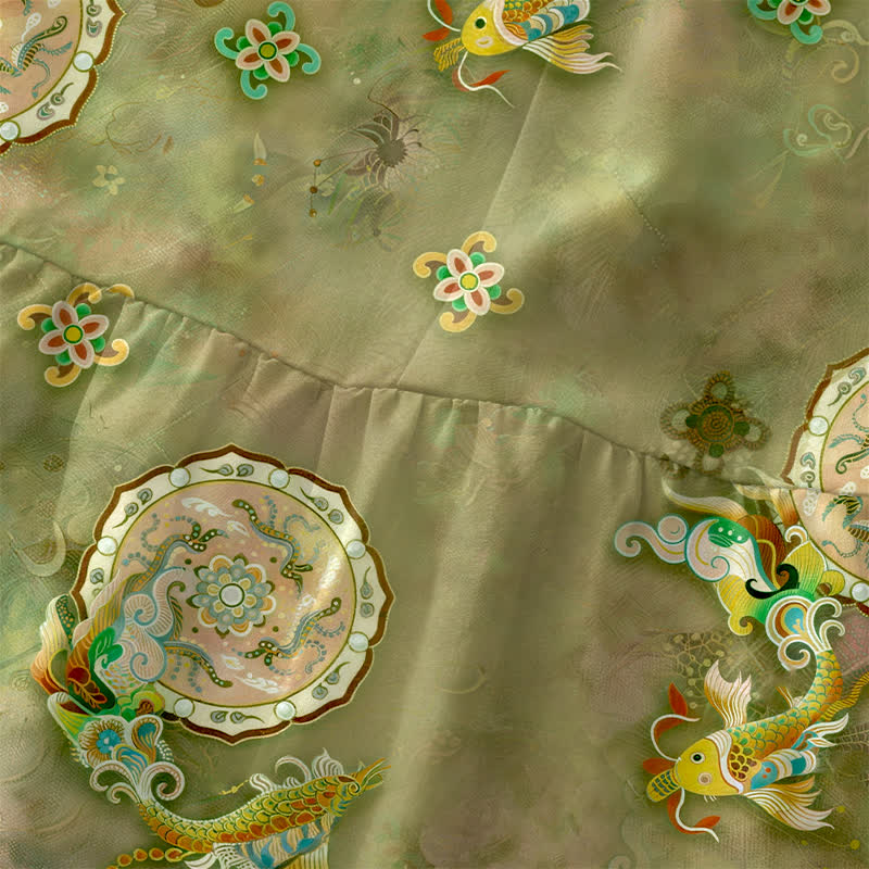 Buddha Stones Robe midi d'été décontractée et vintage à motif floral vintage avec médaillons et feuilles, sans manches et avec poches. - image 1