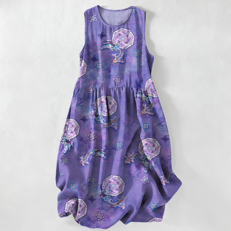 Buddha Stones Robe midi d'été décontractée et vintage à motif floral vintage avec médaillons et feuilles, sans manches et avec poches. - Bleu ardoise - US16，UK/AU20，EU48 (3XL) - image 4