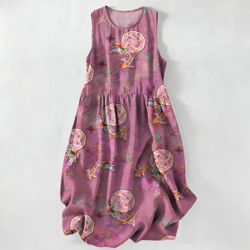 Buddha Stones Robe midi d'été décontractée et vintage à motif floral vintage avec médaillons et feuilles, sans manches et avec poches. - Rouge violet pâle - US16，UK/AU20，EU48 (3XL) - image 5