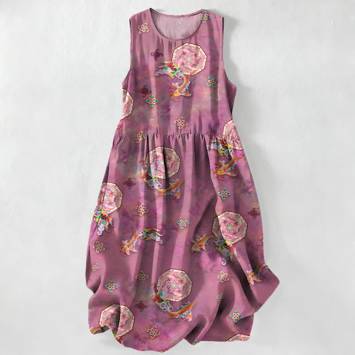 Buddha Stones Robe midi d'été décontractée et vintage à motif floral vintage avec médaillons et feuilles, sans manches et avec poches. - Rouge violet pâle - US16，UK/AU20，EU48 (3XL) - image 5