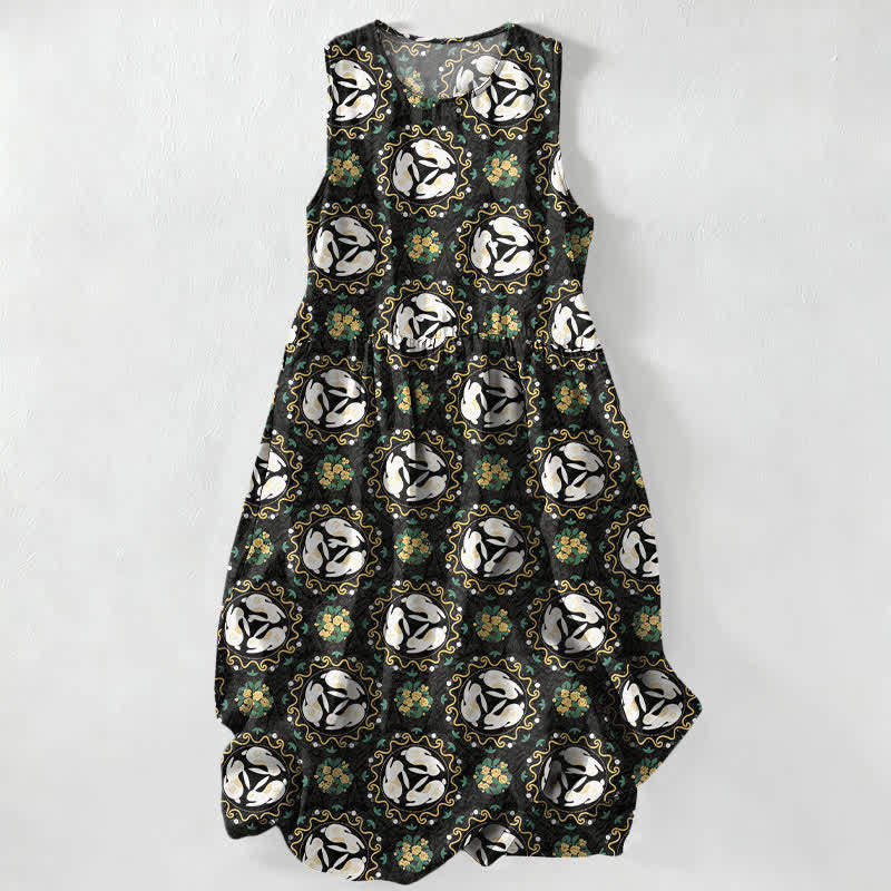Buddha Stones Robe midi d'été décontractée et vintage pour femme, sans manches, à motifs floraux et feuilles, avec poches. - Noir - US16，UK/AU20，EU48 (3XL) - image 0