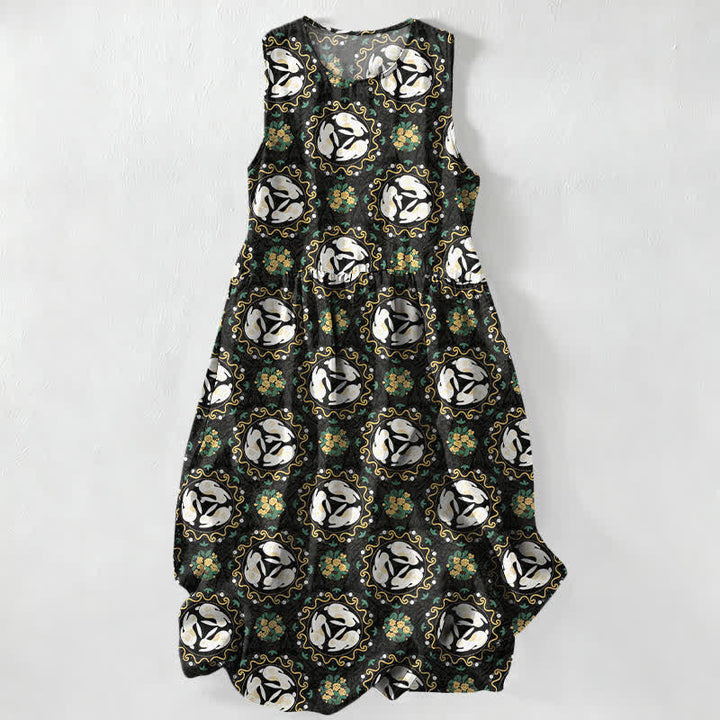 Buddha Stones Robe midi d'été décontractée et vintage pour femme, sans manches, à motifs floraux et feuilles, avec poches. - Noir - US16，UK/AU20，EU48 (3XL) - image 0