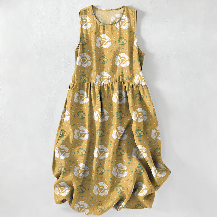 Buddha Stones Robe midi d'été décontractée et vintage pour femme, sans manches, à motifs floraux et feuilles, avec poches. - verge d'or - US16，UK/AU20，EU48 (3XL) - image 4