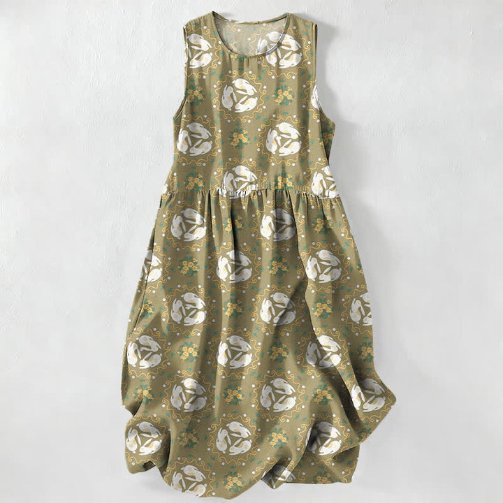 Buddha Stones Robe midi d'été décontractée et vintage pour femme, sans manches, à motifs floraux et feuilles, avec poches. - Vert olive - US16，UK/AU20，EU48 (3XL) - image 5
