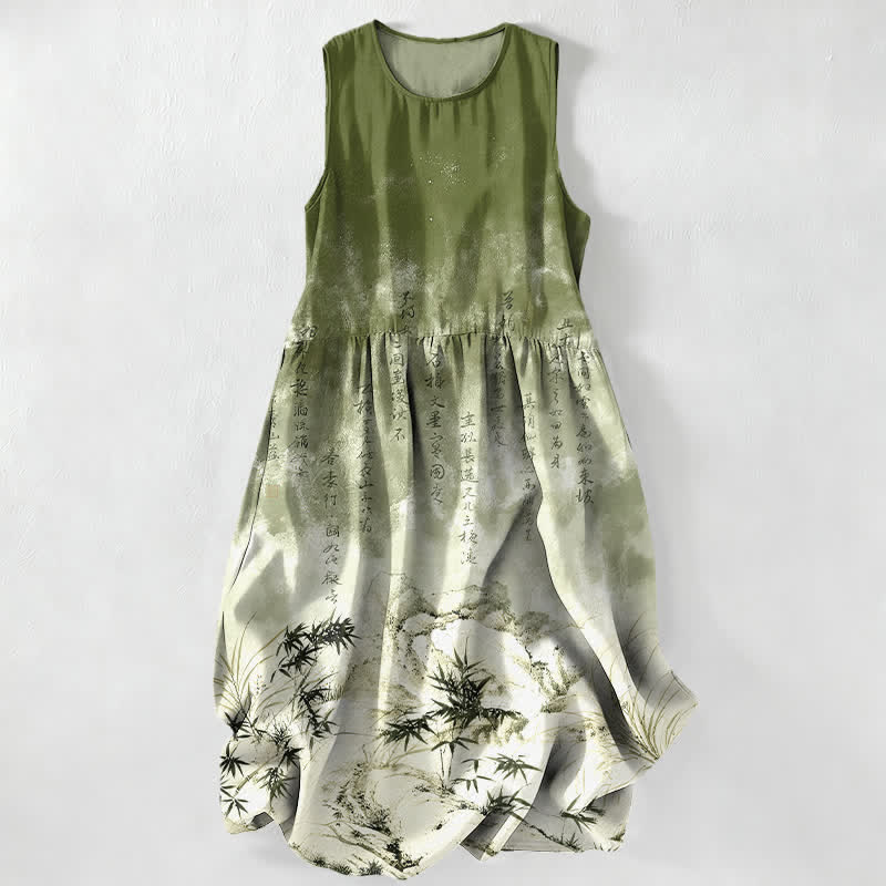 Buddha Stones Robe midi d'été décontractée pour femme, motif paysage de bambou à l'encre, avec poches - Vert olive - US16，UK/AU20，EU48 (3XL) - image 0