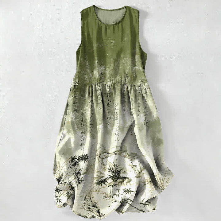Buddha Stones Robe midi d'été décontractée pour femme, motif paysage de bambou à l'encre, avec poches - Vert olive - US16，UK/AU20，EU48 (3XL) - image 0