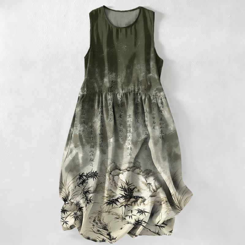 Buddha Stones Robe midi d'été décontractée pour femme, motif paysage de bambou à l'encre, avec poches - Noir - US16，UK/AU20，EU48 (3XL) - image 4