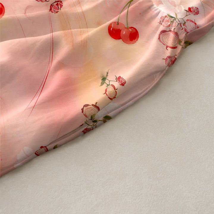 Buddha Stones Robe midi d'été décontractée pour femme, à motif floral cerise douce, sans manches et avec poches - image 2