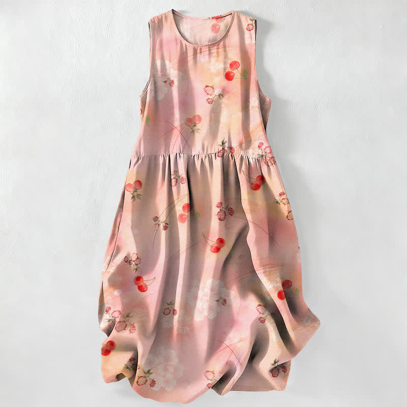 Buddha Stones Robe midi d'été décontractée pour femme, à motif floral cerise douce, sans manches et avec poches - PeachPuff - US16，UK/AU20，EU48 (3XL) - image 0