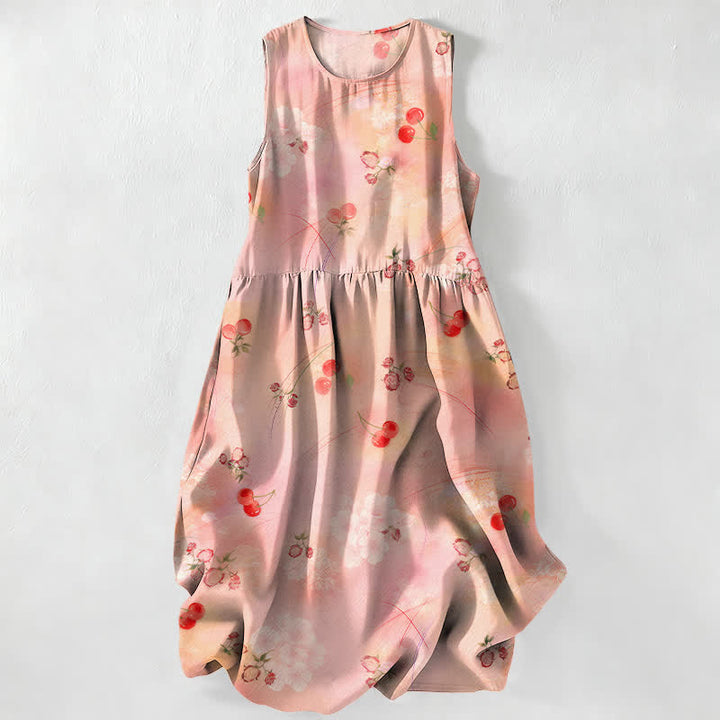 Buddha Stones Robe midi d'été décontractée pour femme, à motif floral cerise douce, sans manches et avec poches - PeachPuff - US16，UK/AU20，EU48 (3XL) - image 0