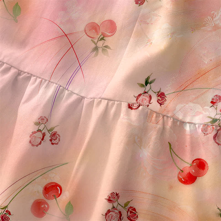 Buddha Stones Robe midi d'été décontractée pour femme, à motif floral cerise douce, sans manches et avec poches - image 1